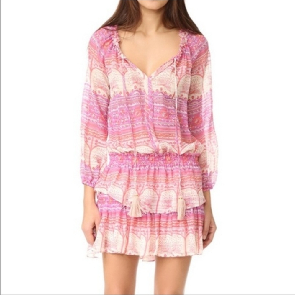 Loveshackfancy Pink Patterned Popover Tiered Silk… - image 1